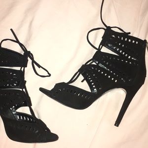 Zara black suede lace cut out and tie heels